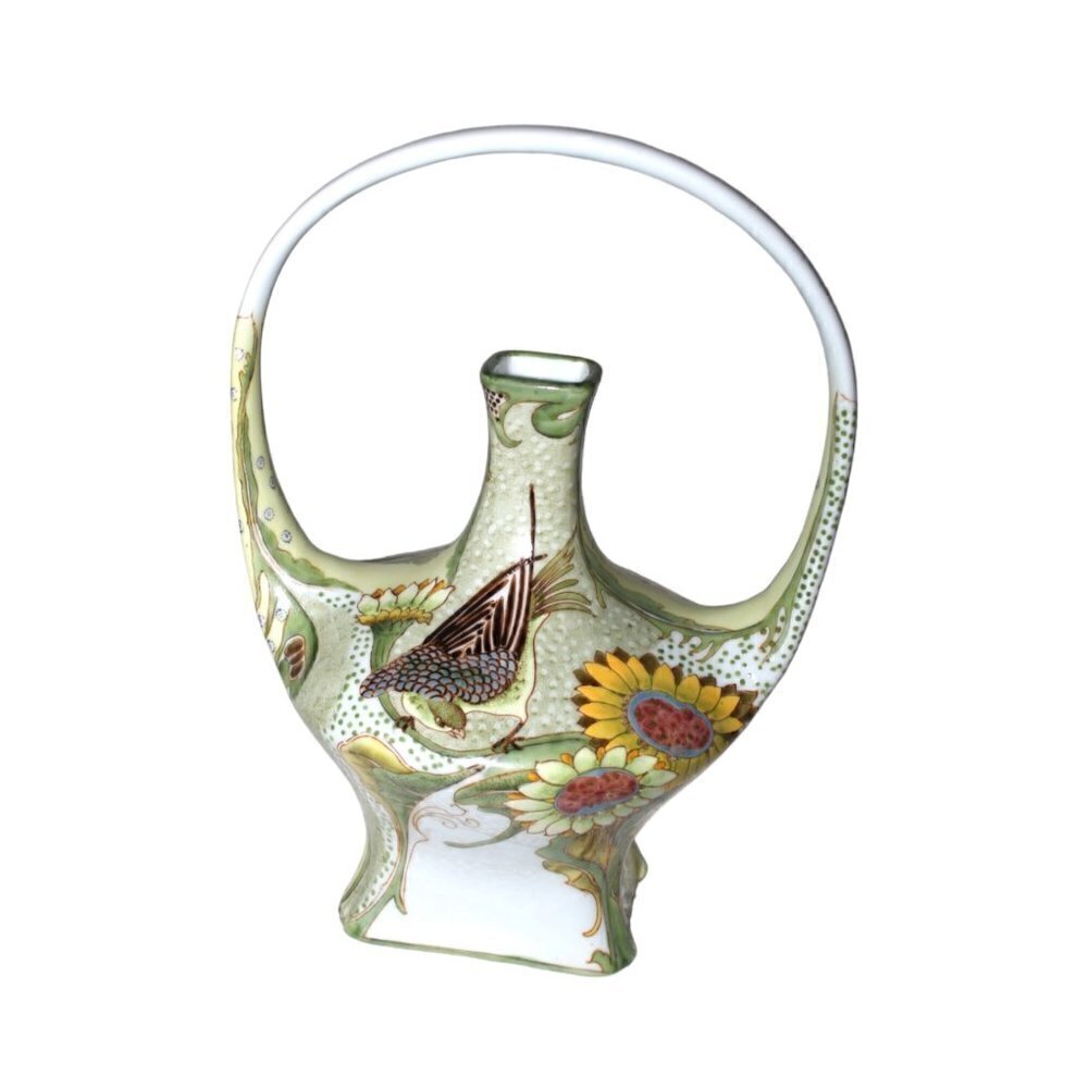 Castilian Art Nouveau Porcelain Basket hand painted Vase birds & flowers No.6133